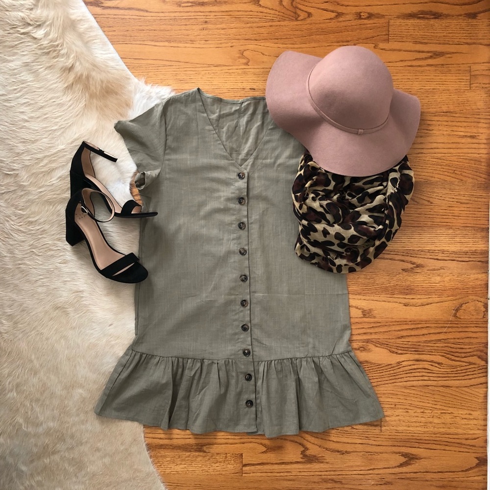 V Neck Button Down Ruffle Hem Shift Dress